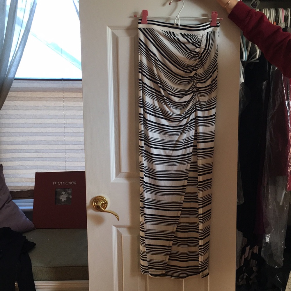 Black and White Striped Maxi Skirt with Slit